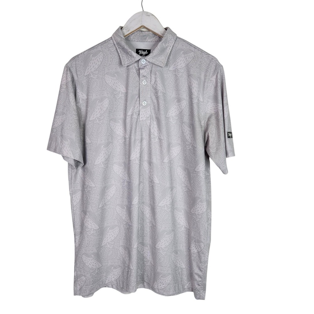 WAGGLE Polo Shirt Mens Large Gray Owl Print Stretch Golf Performance Casual